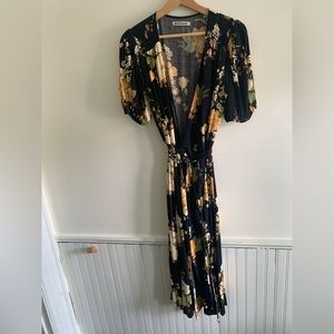 Reformation Black/Floral Wrap Midi Dress